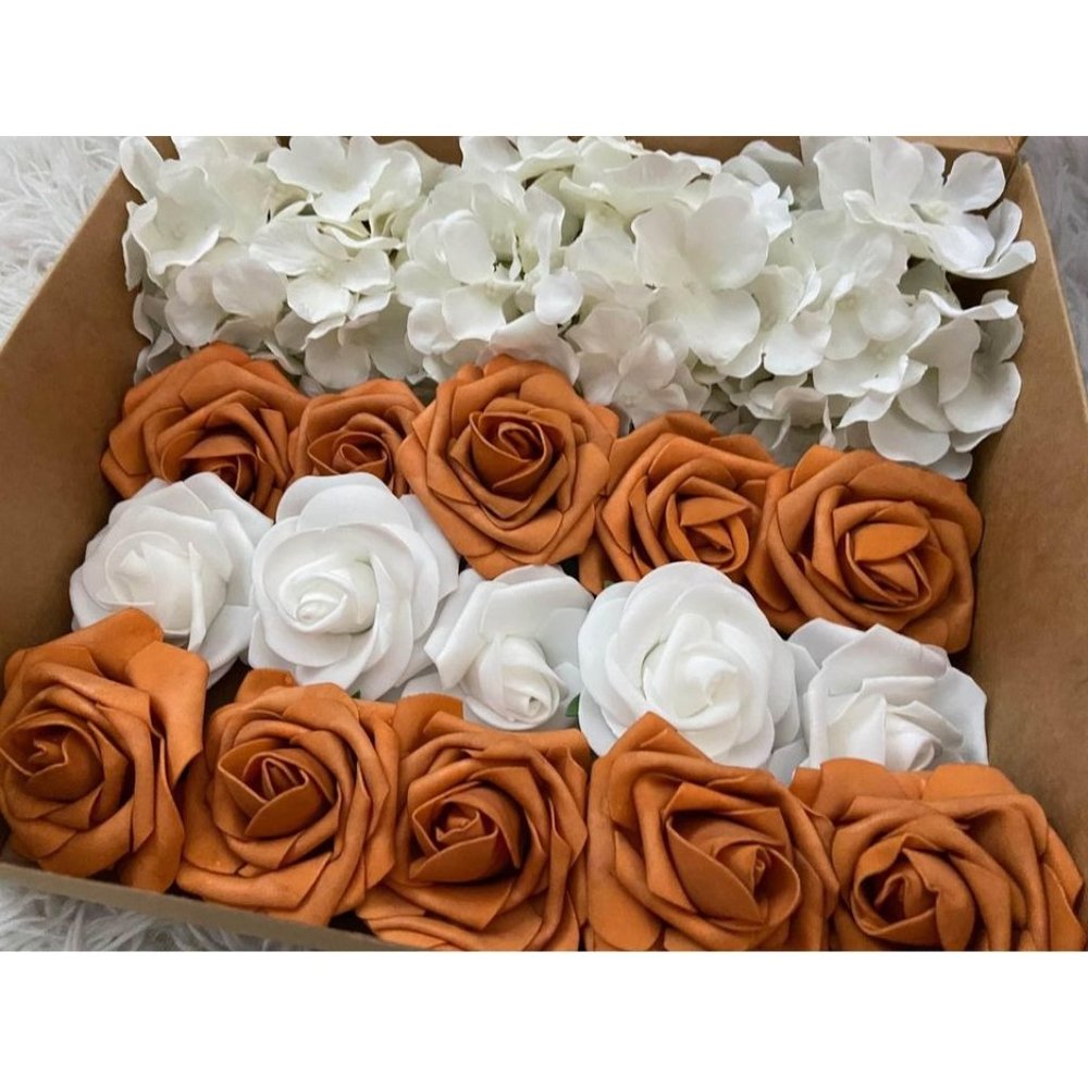 20 Count | Burnt Orange White Hydrangeas & Rose Bouquet Wedding Flowers